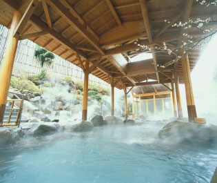 中央に水と岩がある温泉の風景